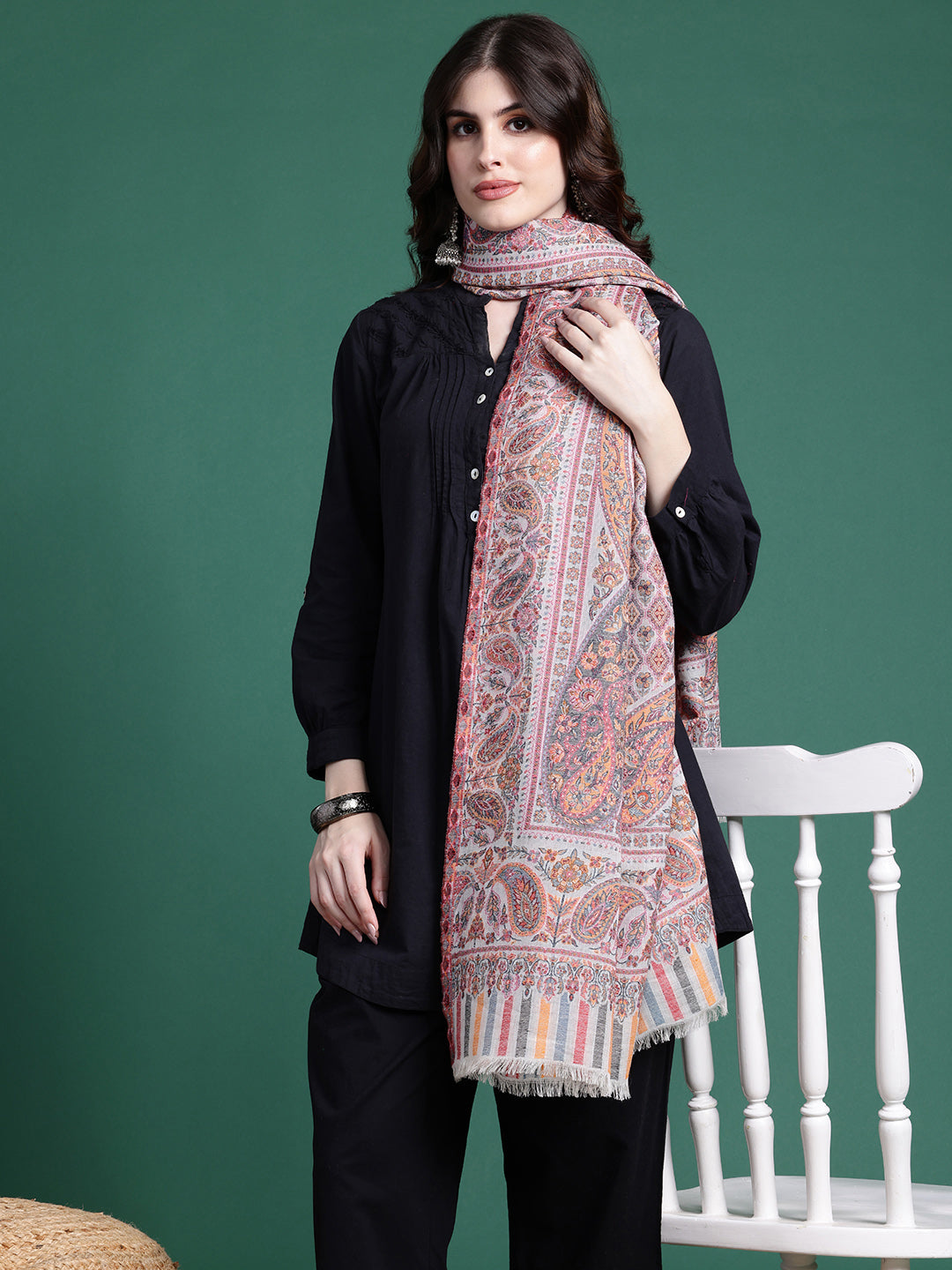 Women White wool blend shawl
