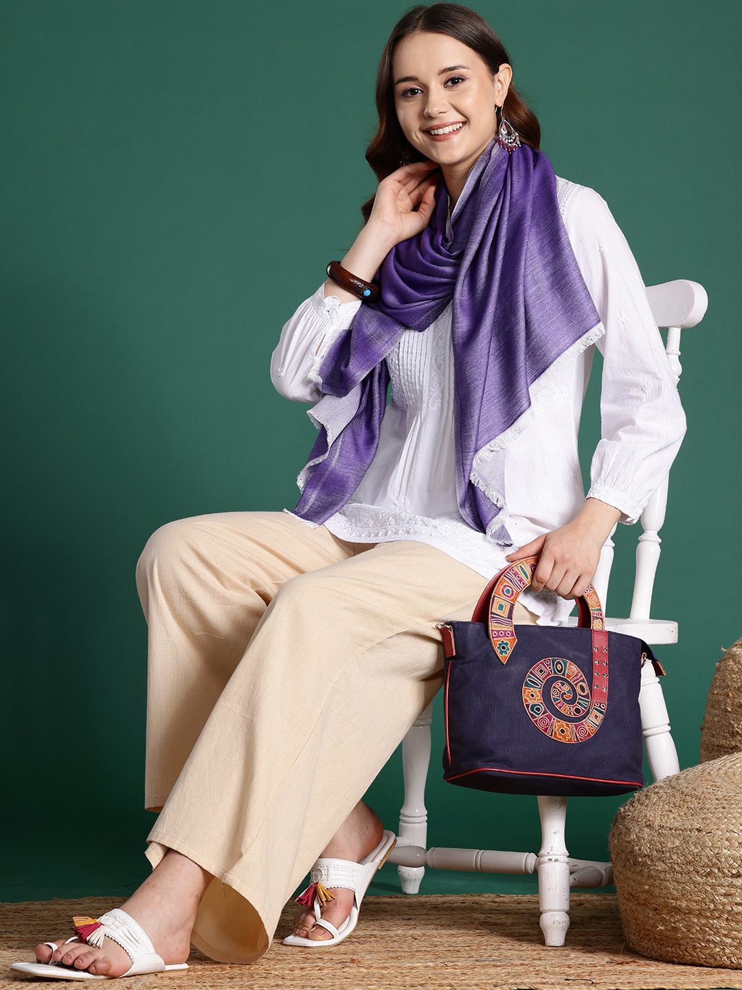 Women Purple and White Reversible Solid Stole