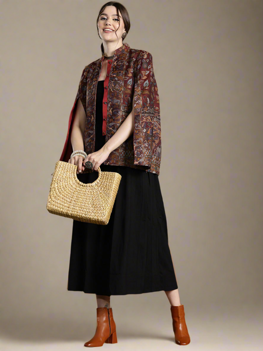 Wine Floral Woven Design Cape Jacket
