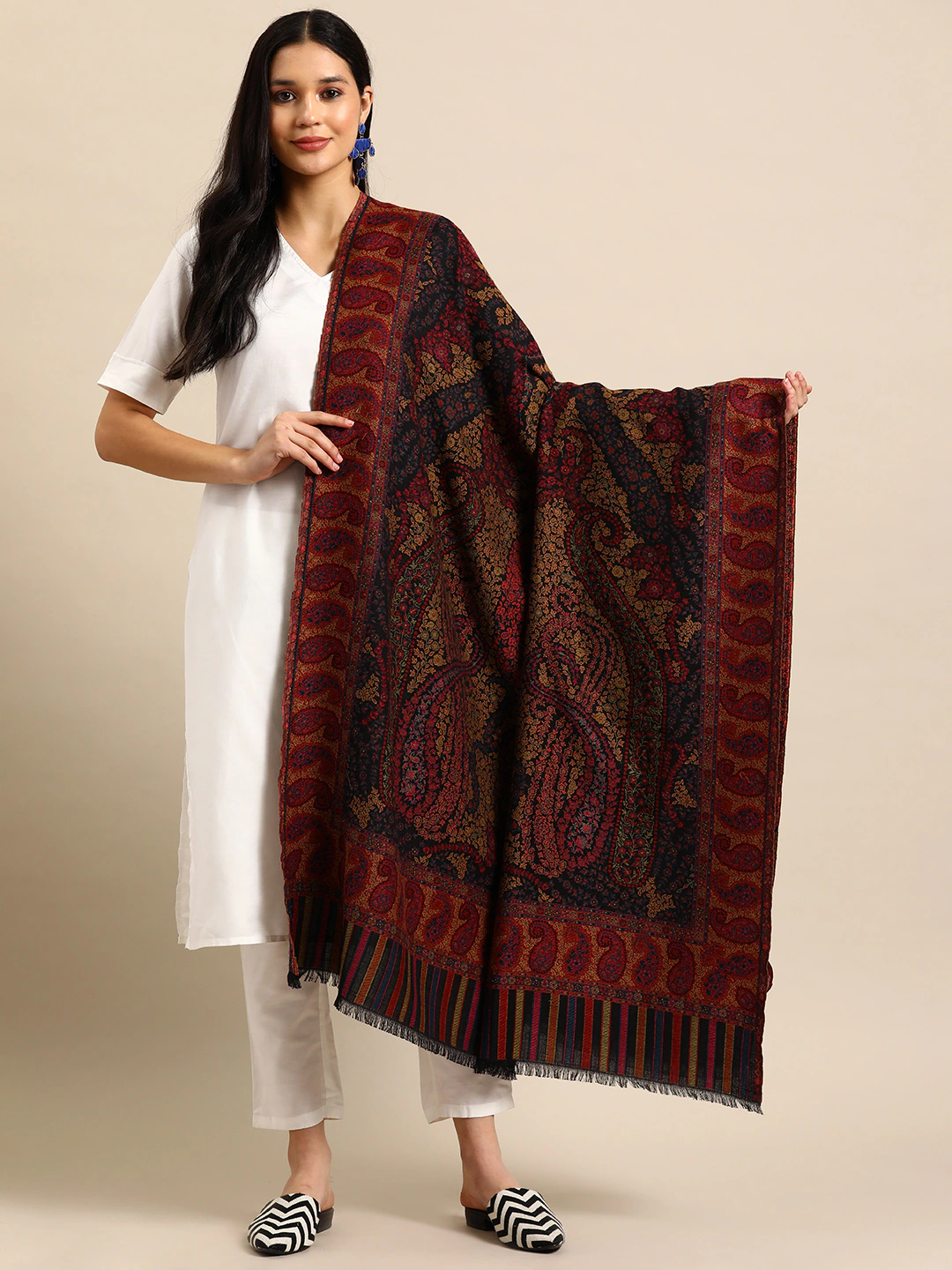 Women Ethnic Motifs Woven Design Kashmiri Kaani Shawl