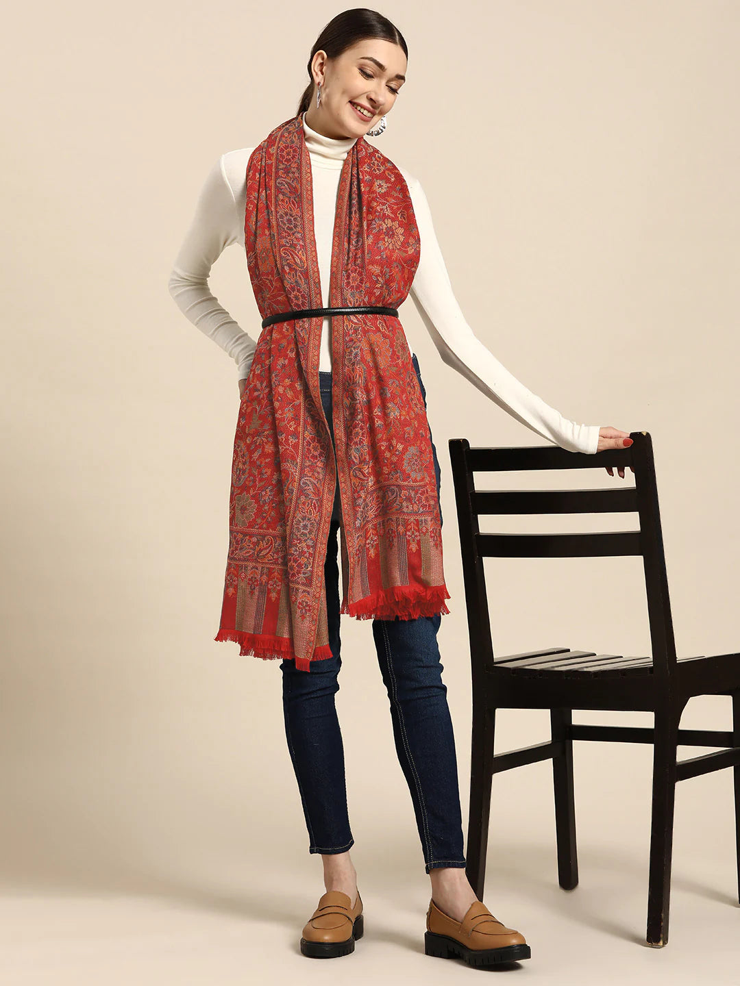 Women Maroon Woven Design Jamawar Shawl - Signet Sacarves
