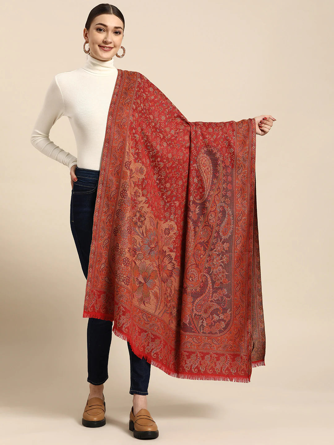Women Maroon Jamawar Woven Design Shawl - Signet Scraves