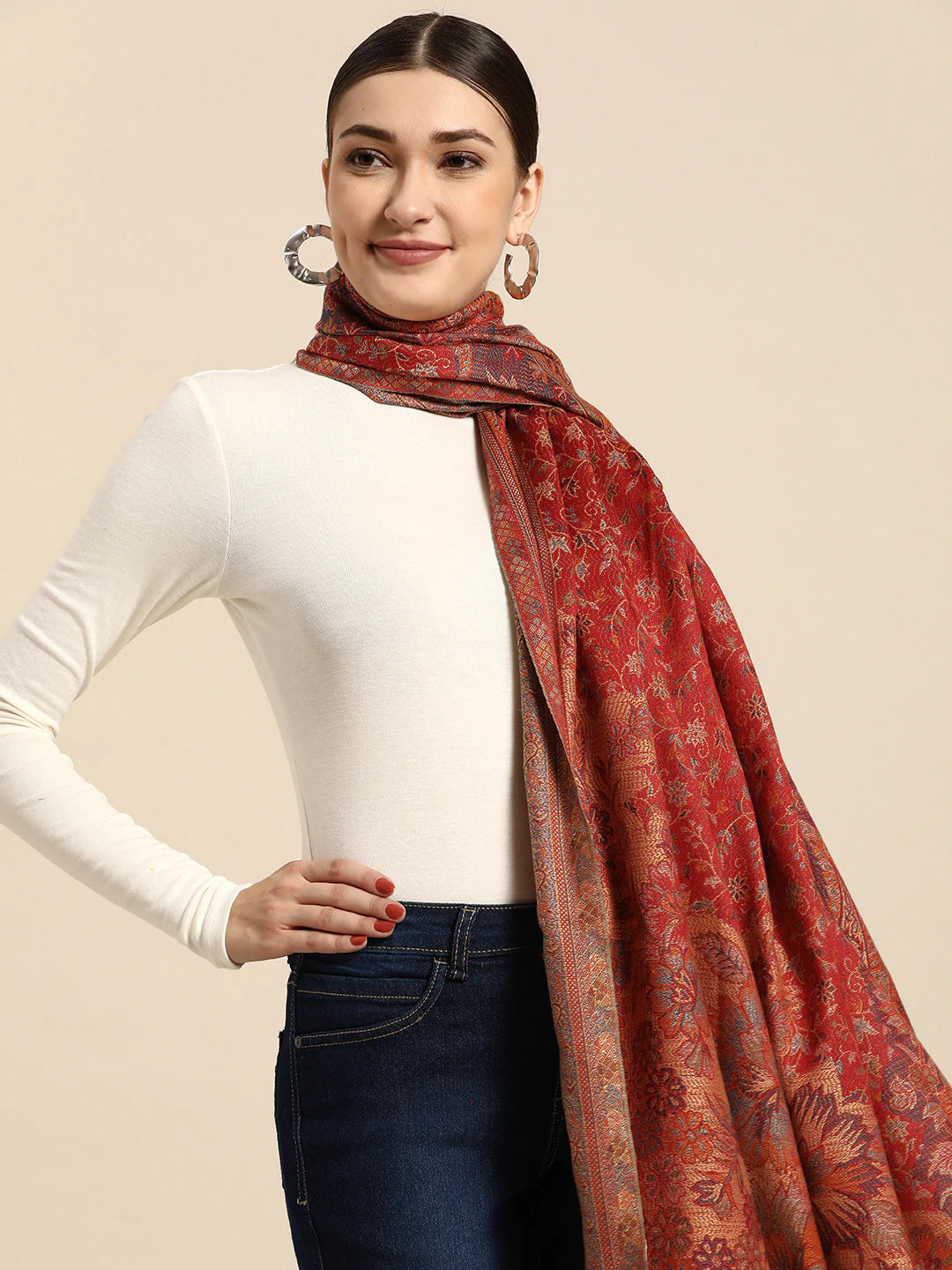 Women Maroon Jamawar Woven Design Shawl - Signet Scraves