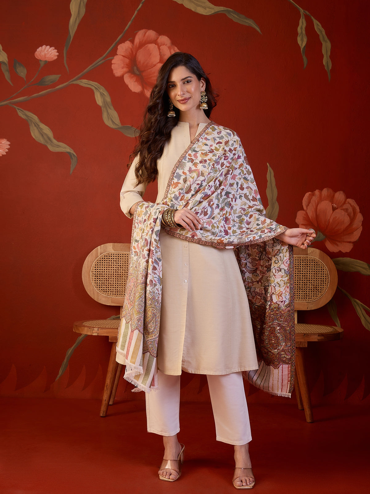 White Kashmiri Jaal Stole
