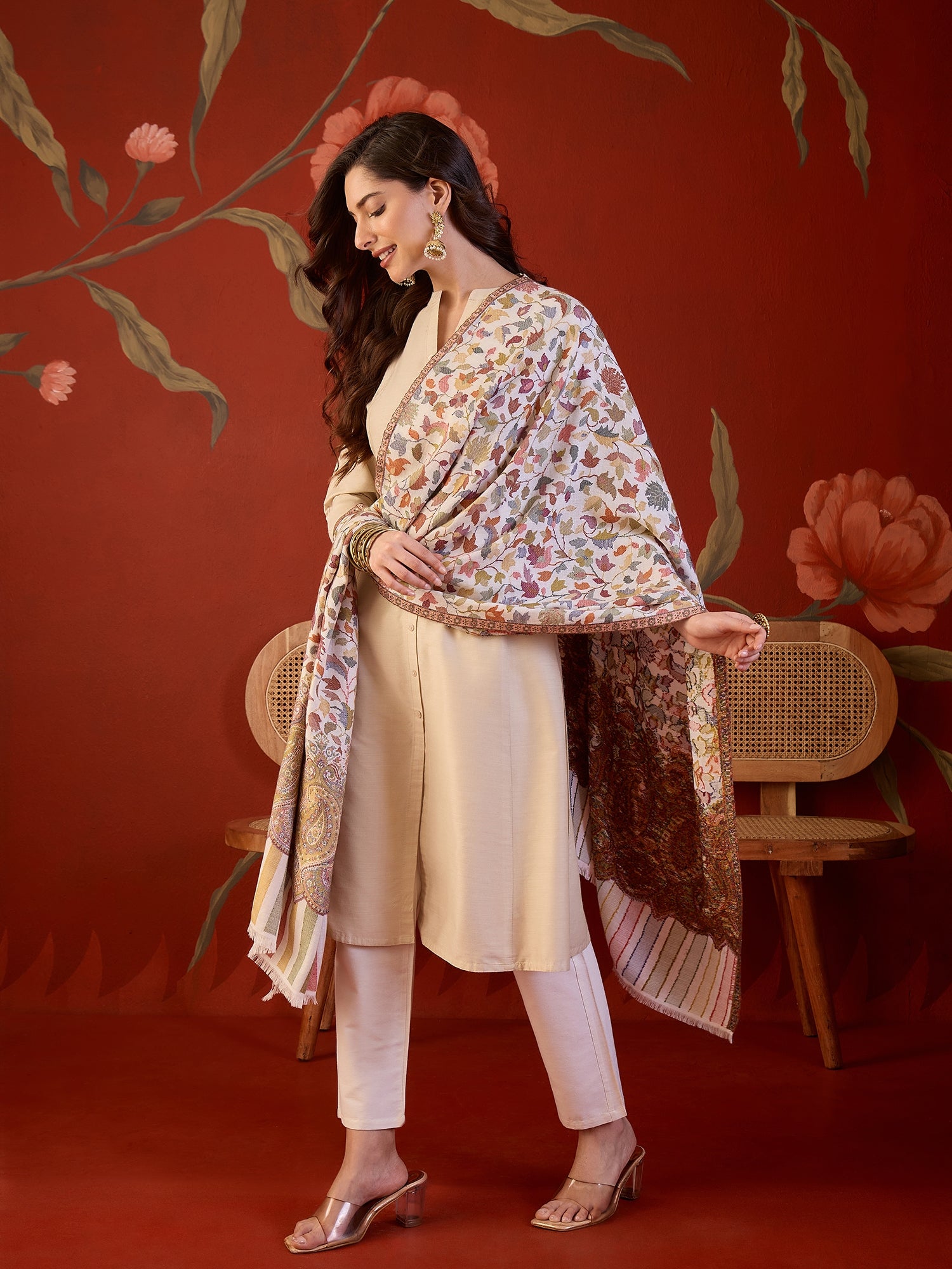 White Kashmiri Jaal Stole