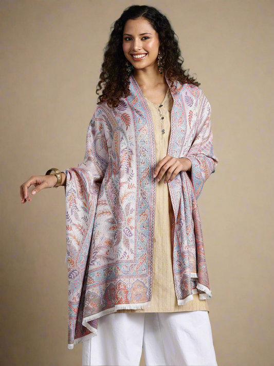 Women White And Pink Woven Design Modal Stole