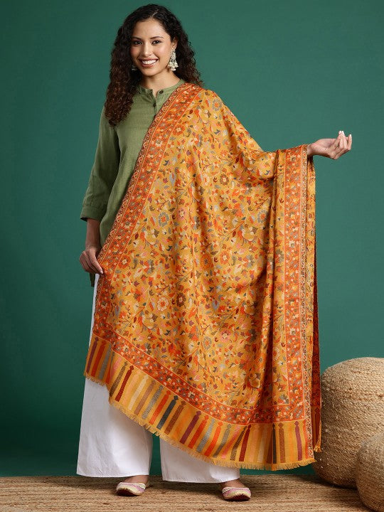 Women Mustard Floral Woven Design Kashmiri Kaani Shawl