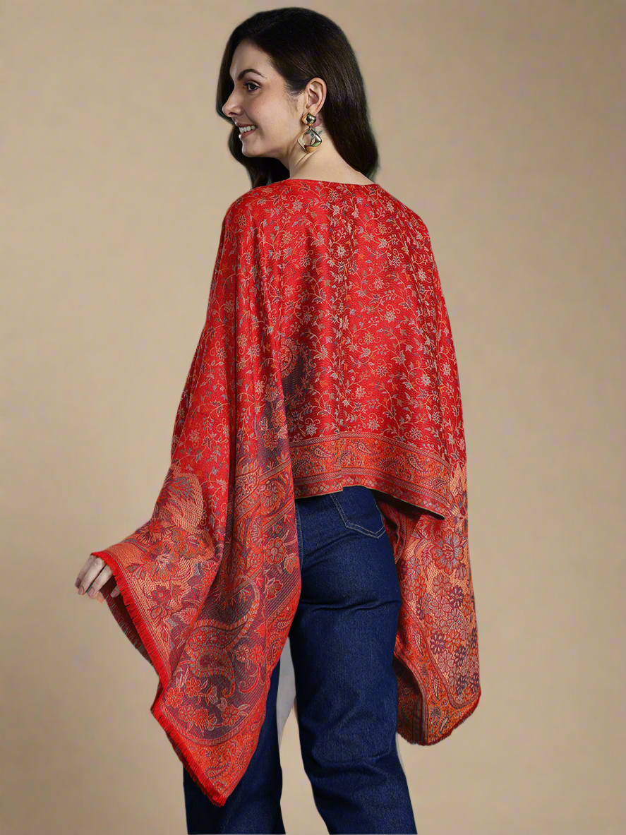 Indie Floral Woven Design Flared Kimono Sleeve Kaftan Top