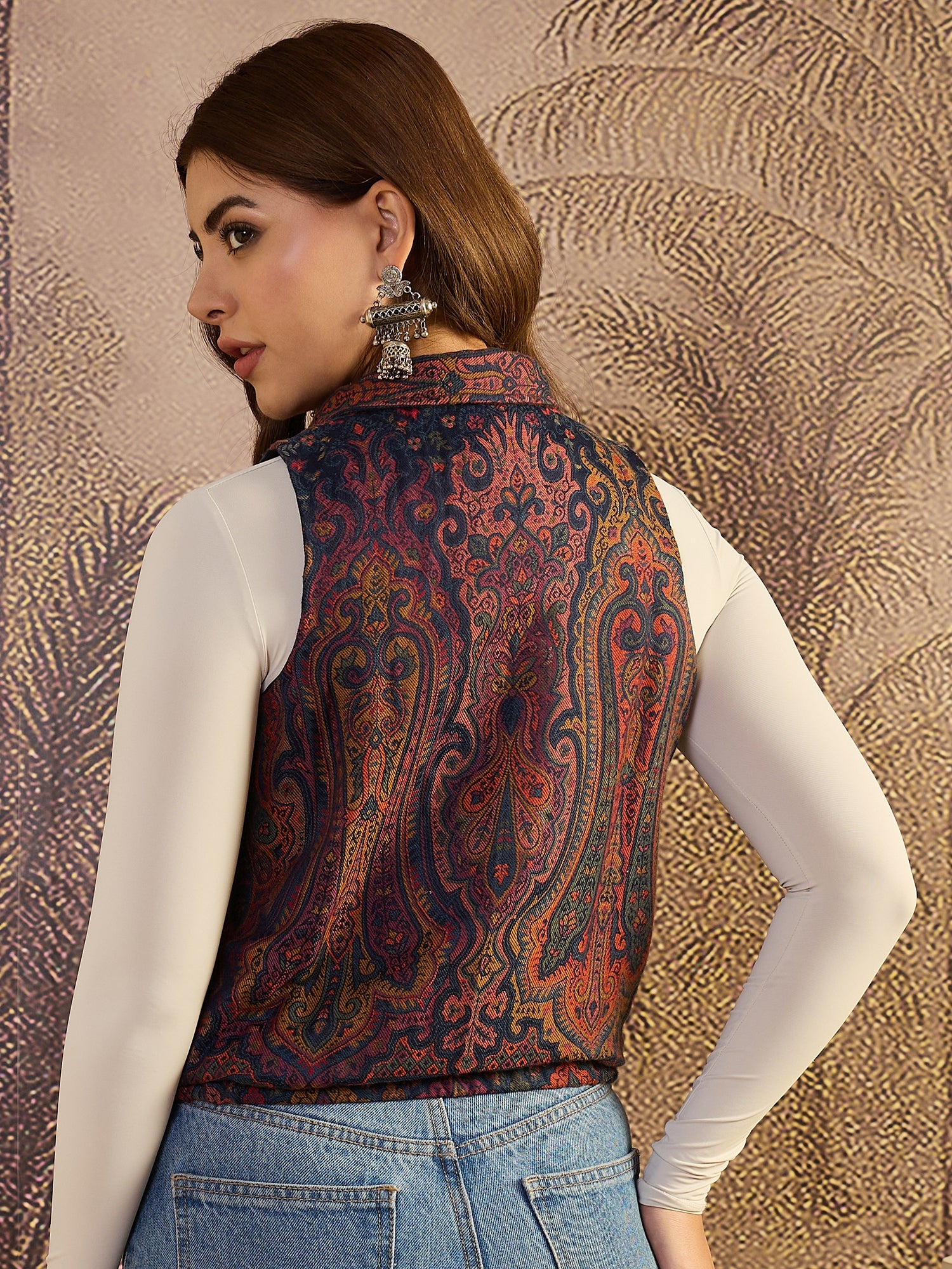 Floral Kaani Weave Zipper Bomber Jacket