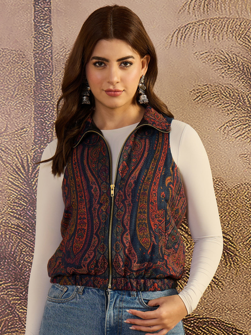 Floral Kaani Weave Zipper Bomber Jacket