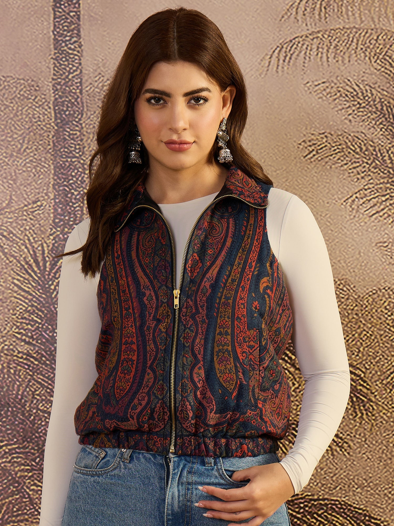Floral Kaani Weave Zipper Bomber Jacket