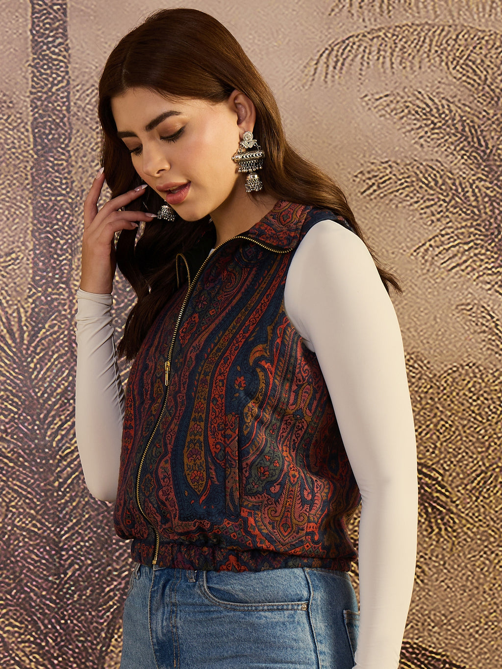 Floral Kaani Weave Zipper Bomber Jacket