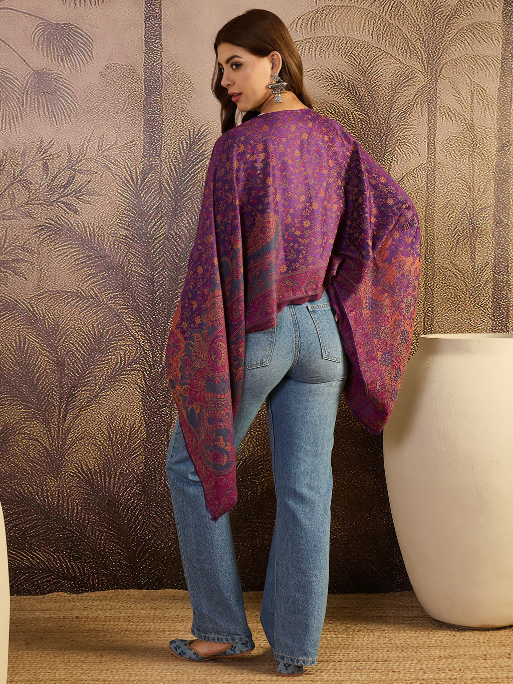 Women Floral Embroidered Boat Neck Batwing Sleeve Cape Top