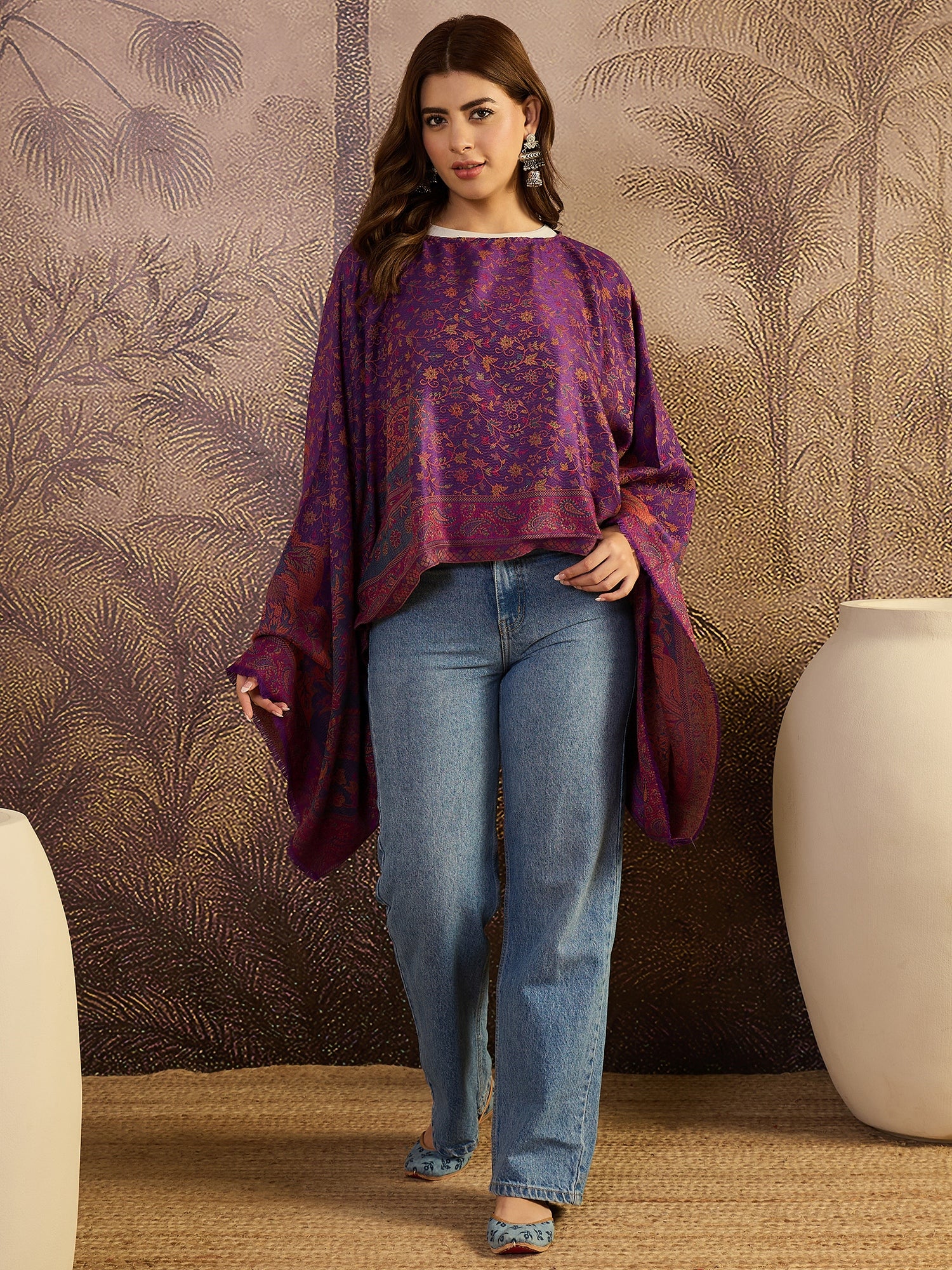 Women Floral Embroidered Boat Neck Batwing Sleeve Cape Top