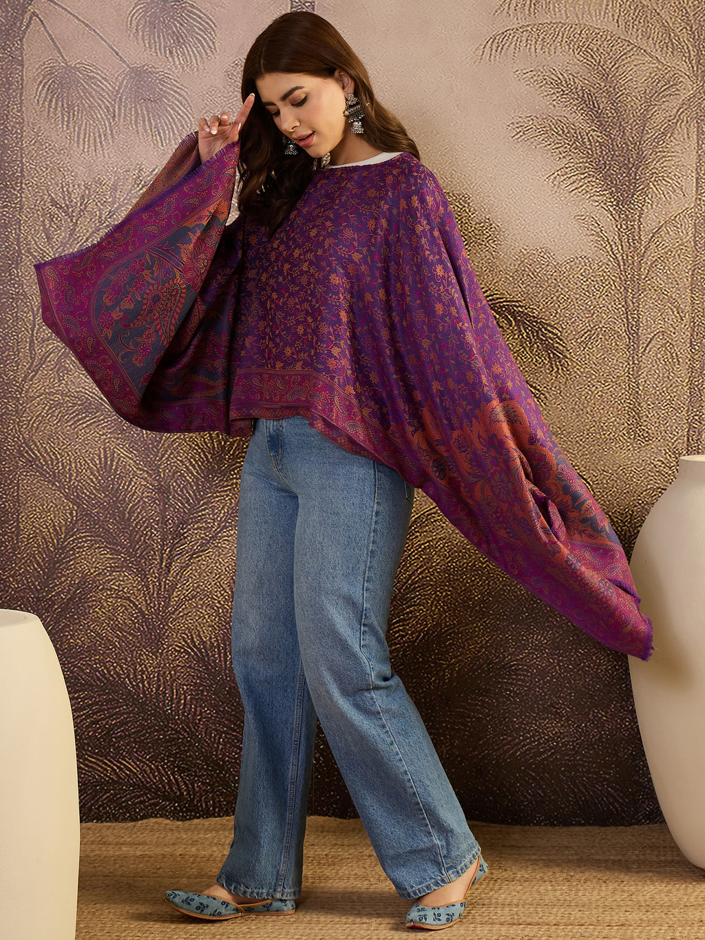 Women Floral Embroidered Boat Neck Batwing Sleeve Cape Top