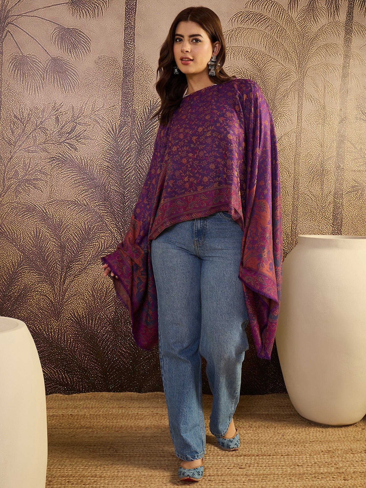 Women Floral Embroidered Boat Neck Batwing Sleeve Cape Top