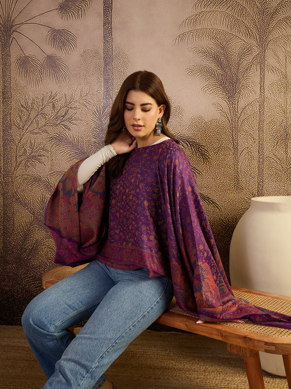 Women Floral Embroidered Boat Neck Batwing Sleeve Cape Top