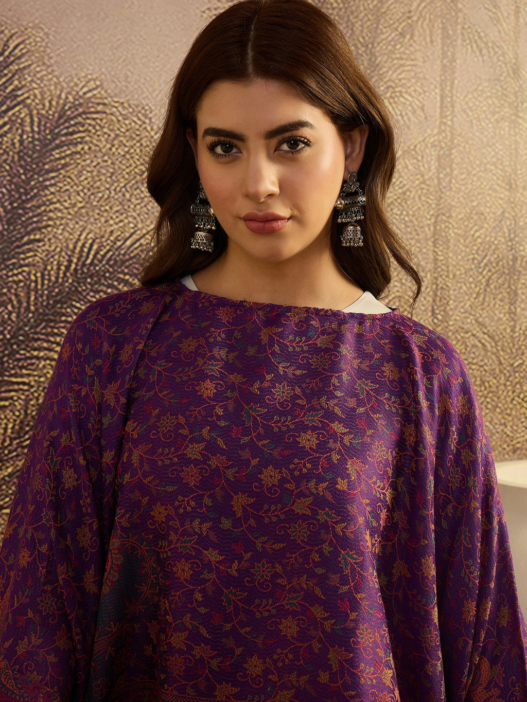 Women Floral Embroidered Boat Neck Batwing Sleeve Cape Top