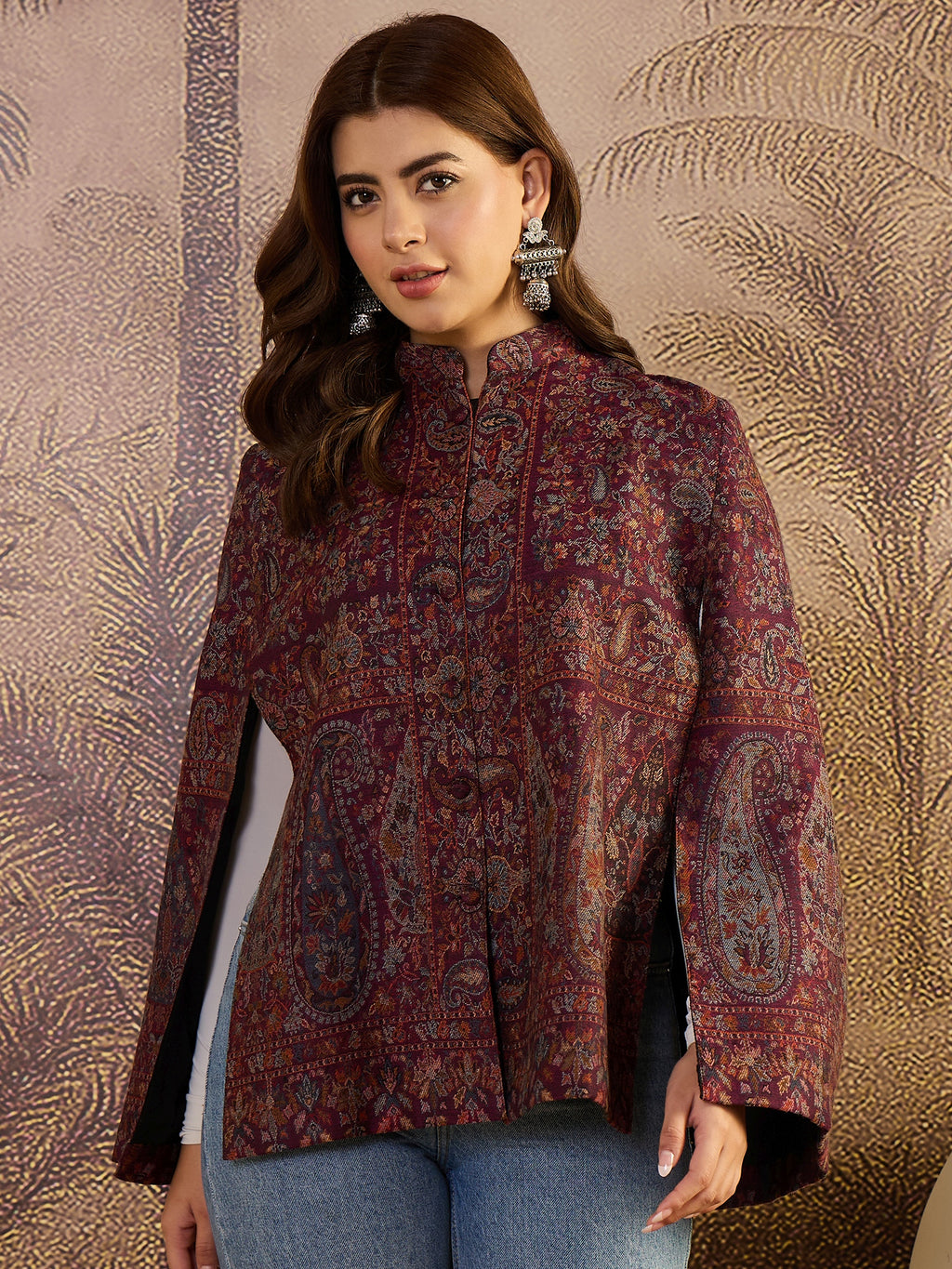 Paisley & Floral Woven Woollen Mandarin Collar Jacket