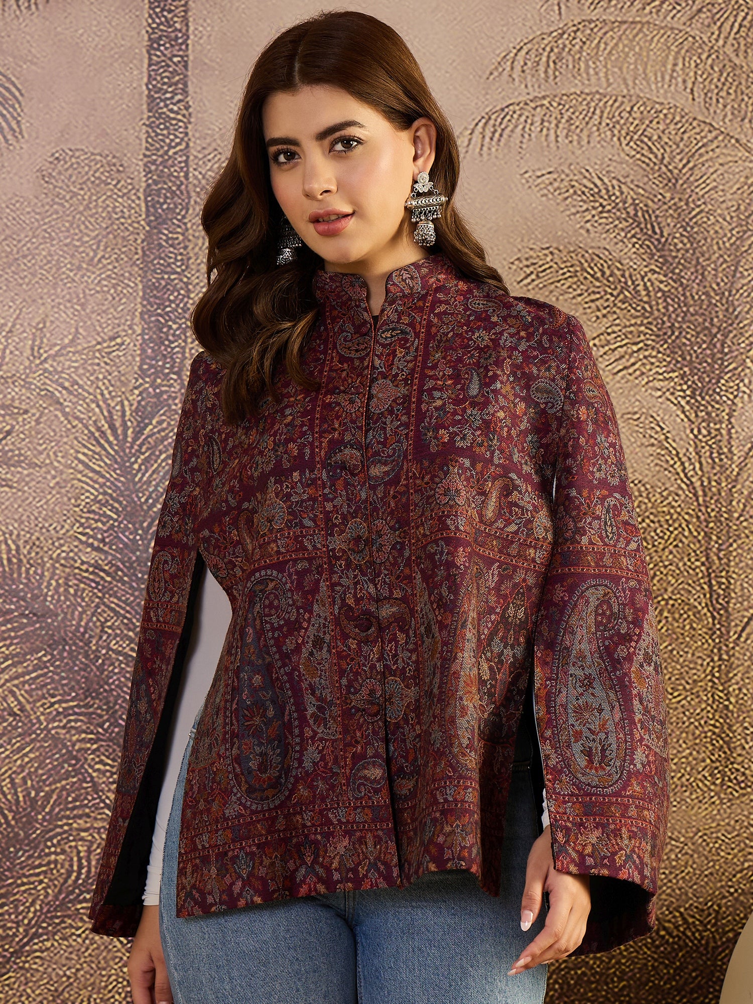 Paisley & Floral Woven Woollen Mandarin Collar Jacket