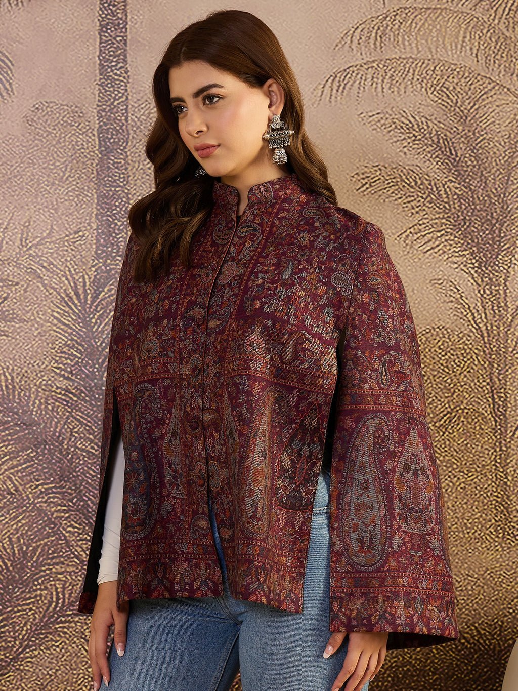 Paisley & Floral Woven Woollen Mandarin Collar Jacket