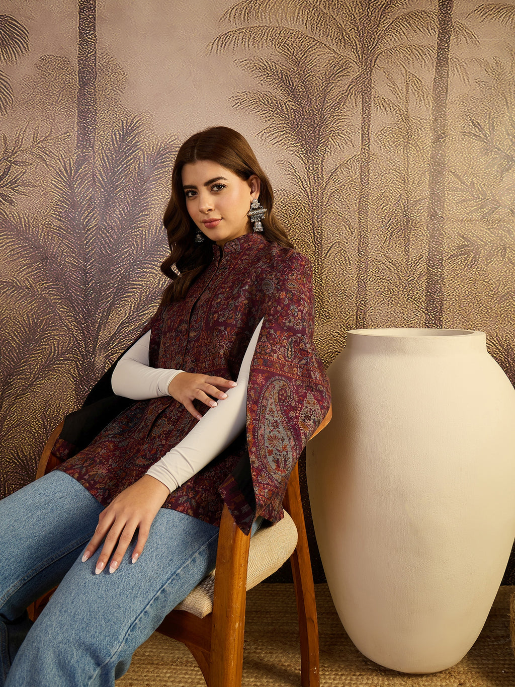 Paisley & Floral Woven Woollen Mandarin Collar Jacket