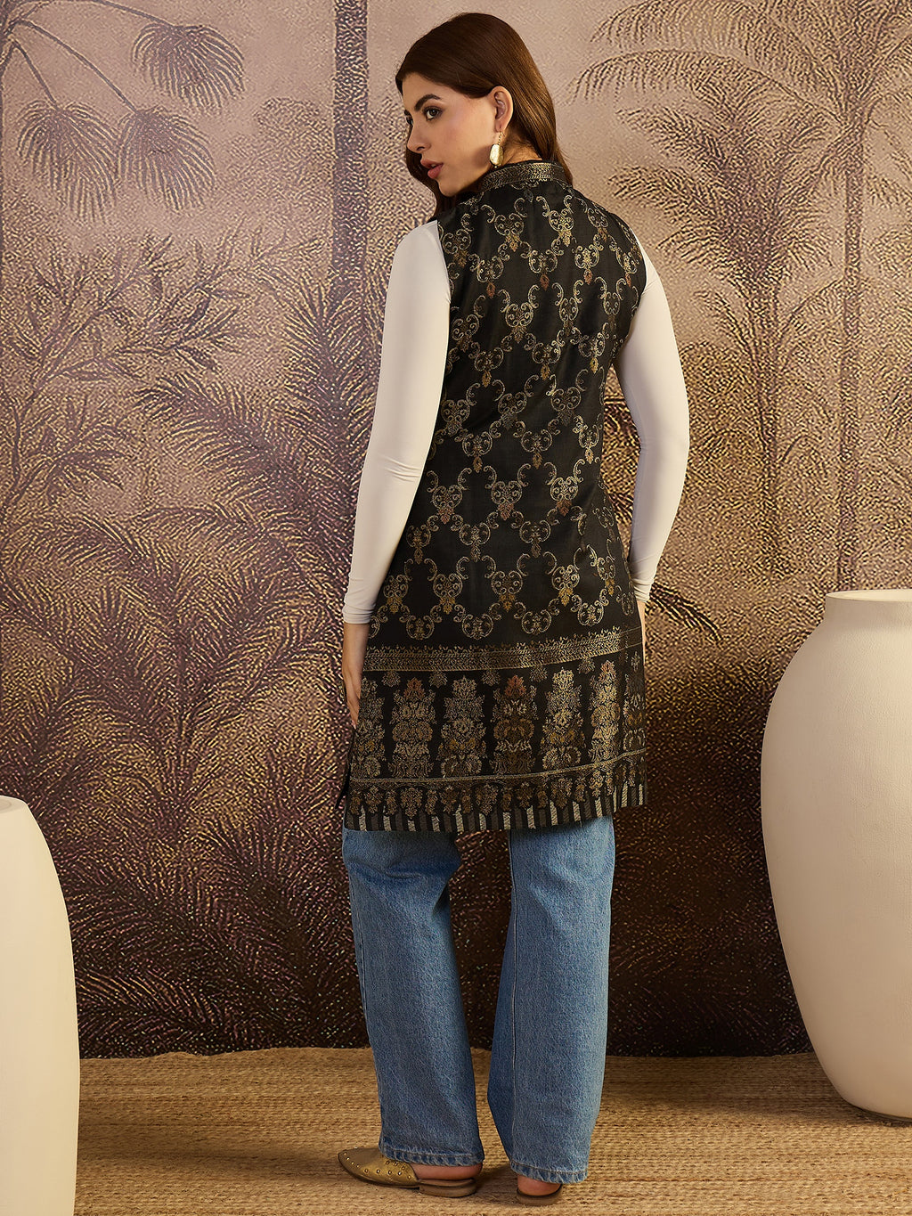 Black Floral Woven Woollen Mandarin Collar Jacket