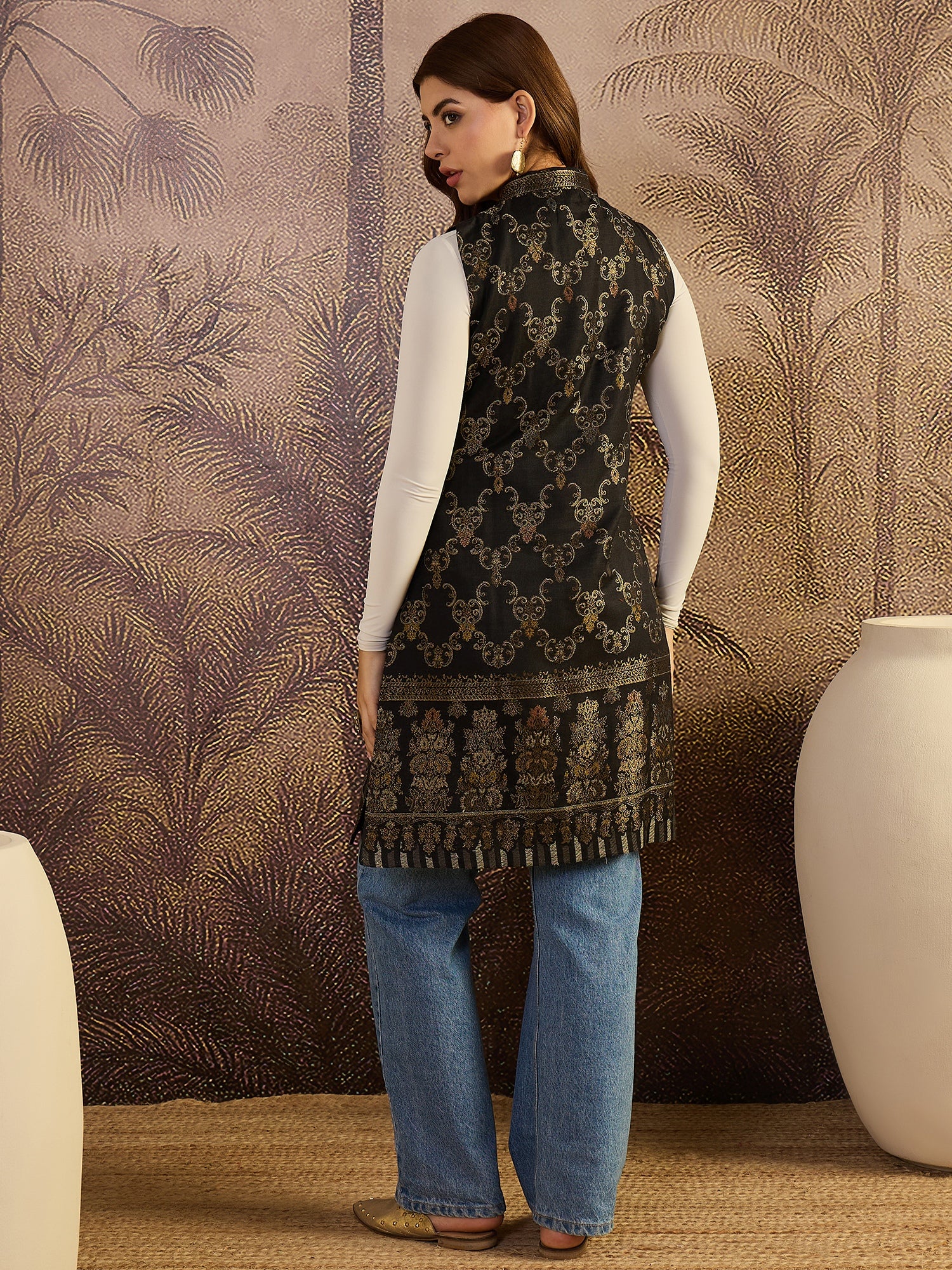 Black Floral Woven Woollen Mandarin Collar Jacket