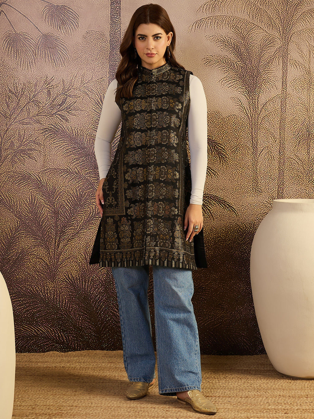 Black Floral Woven Woollen Mandarin Collar Jacket