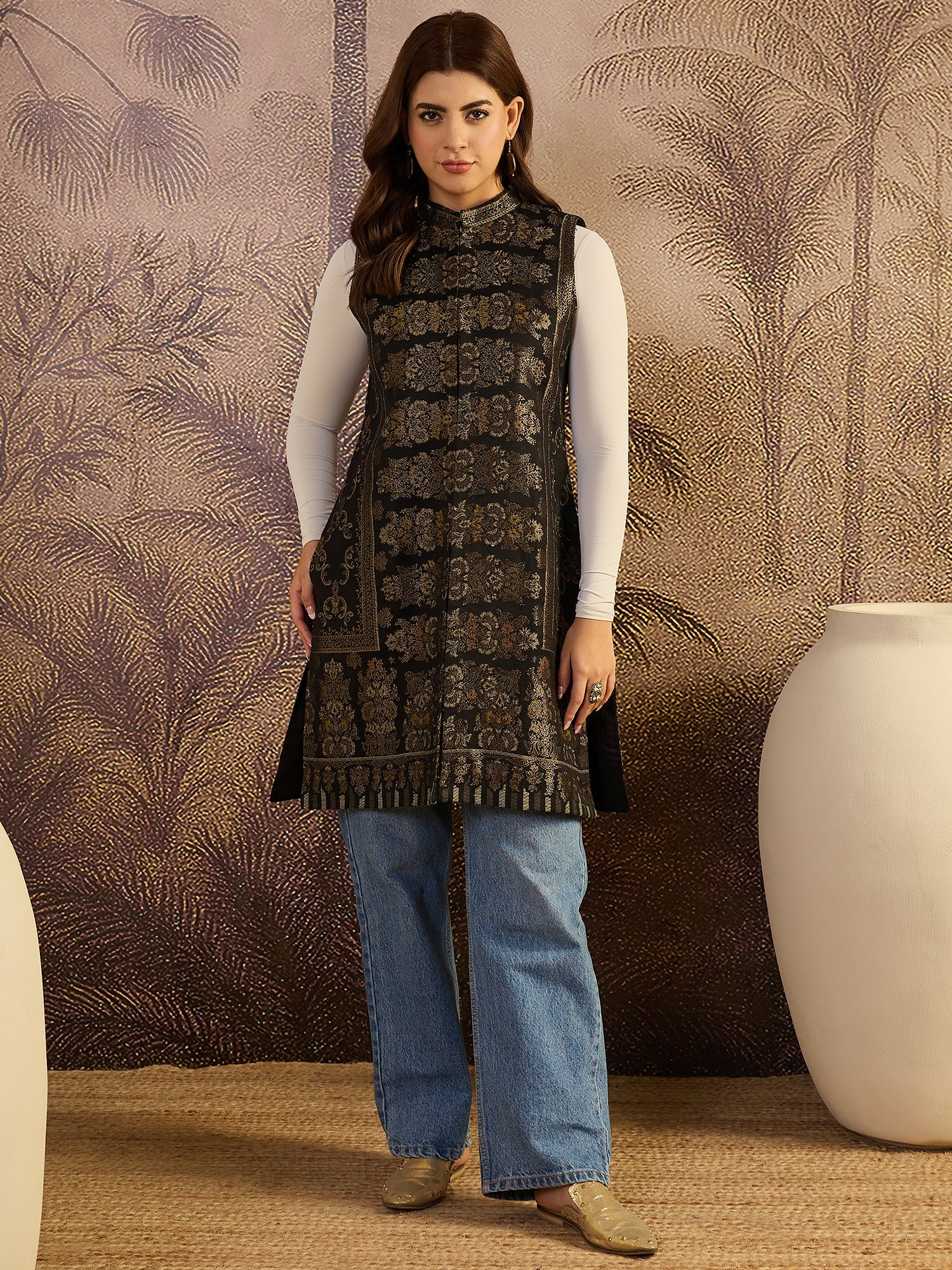 Black Floral Woven Woollen Mandarin Collar Jacket