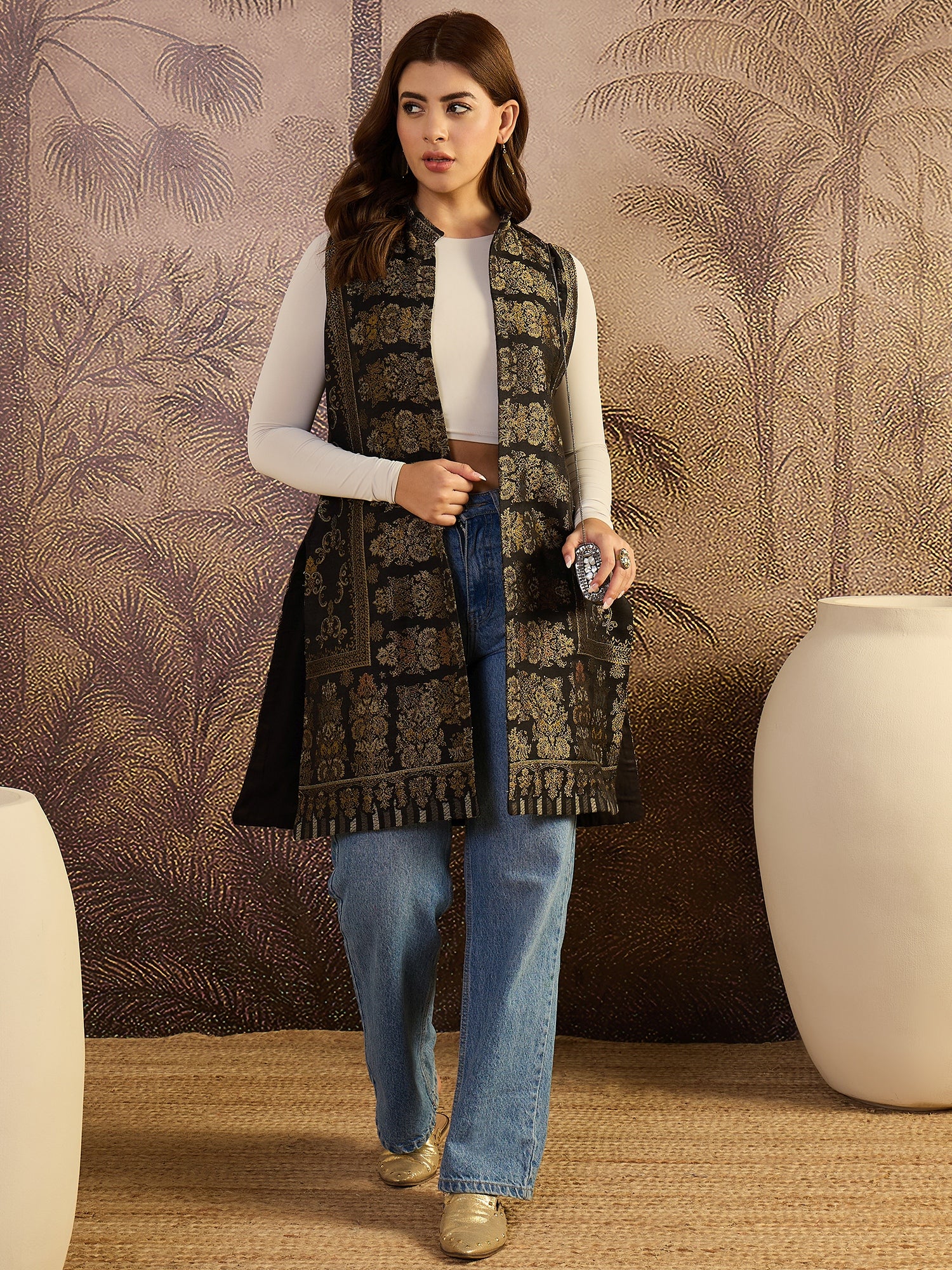 Black Floral Woven Woollen Mandarin Collar Jacket