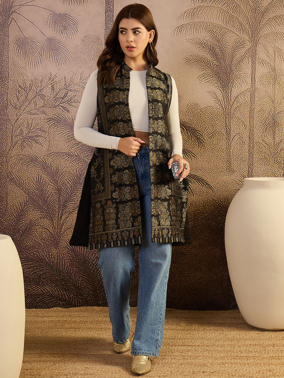 Black Floral Woven Woollen Mandarin Collar Jacket