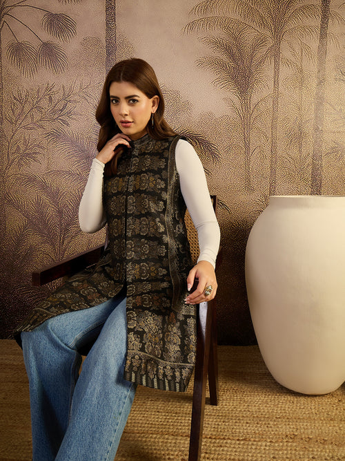 Black Floral Woven Woollen Mandarin Collar Jacket
