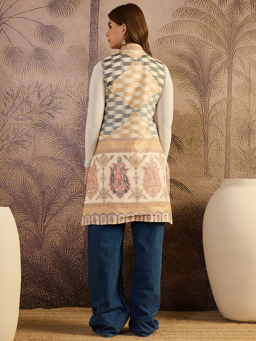 White Paisley & Floral Printed Woollen Mandarin Collar Jacket