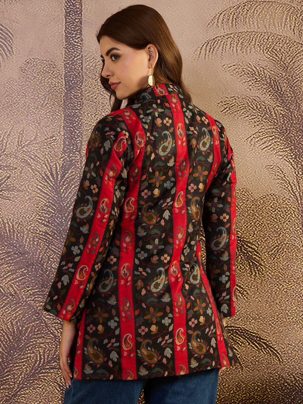 Black Paisley & Floral Woven Woollen Mandarin Collar Jacket