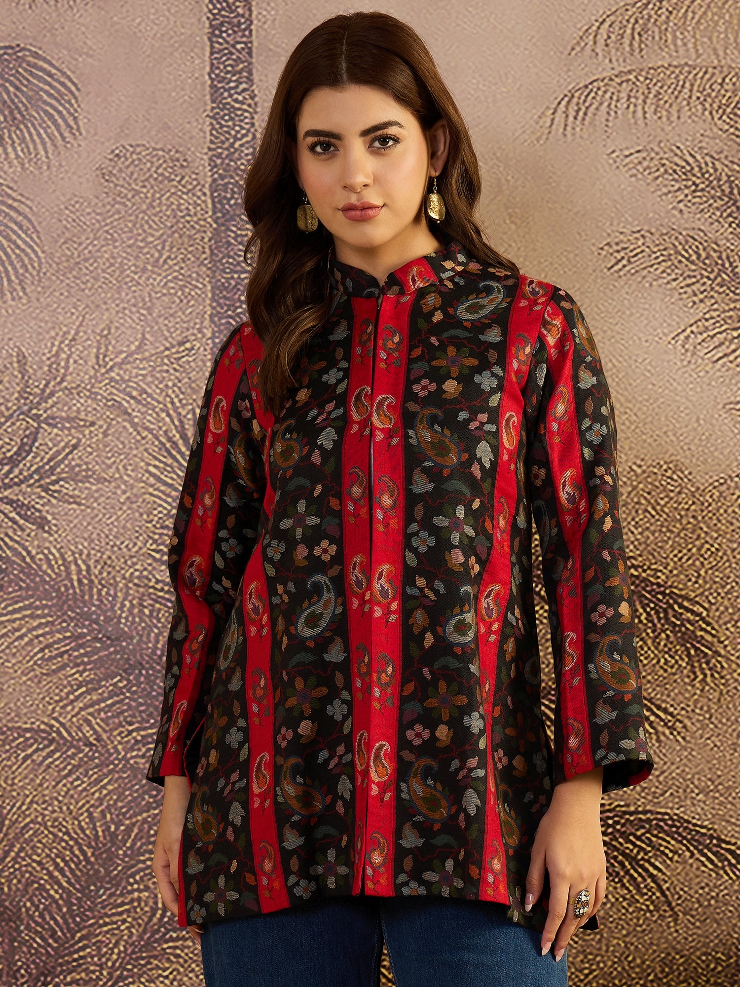 Black Paisley & Floral Woven Woollen Mandarin Collar Jacket