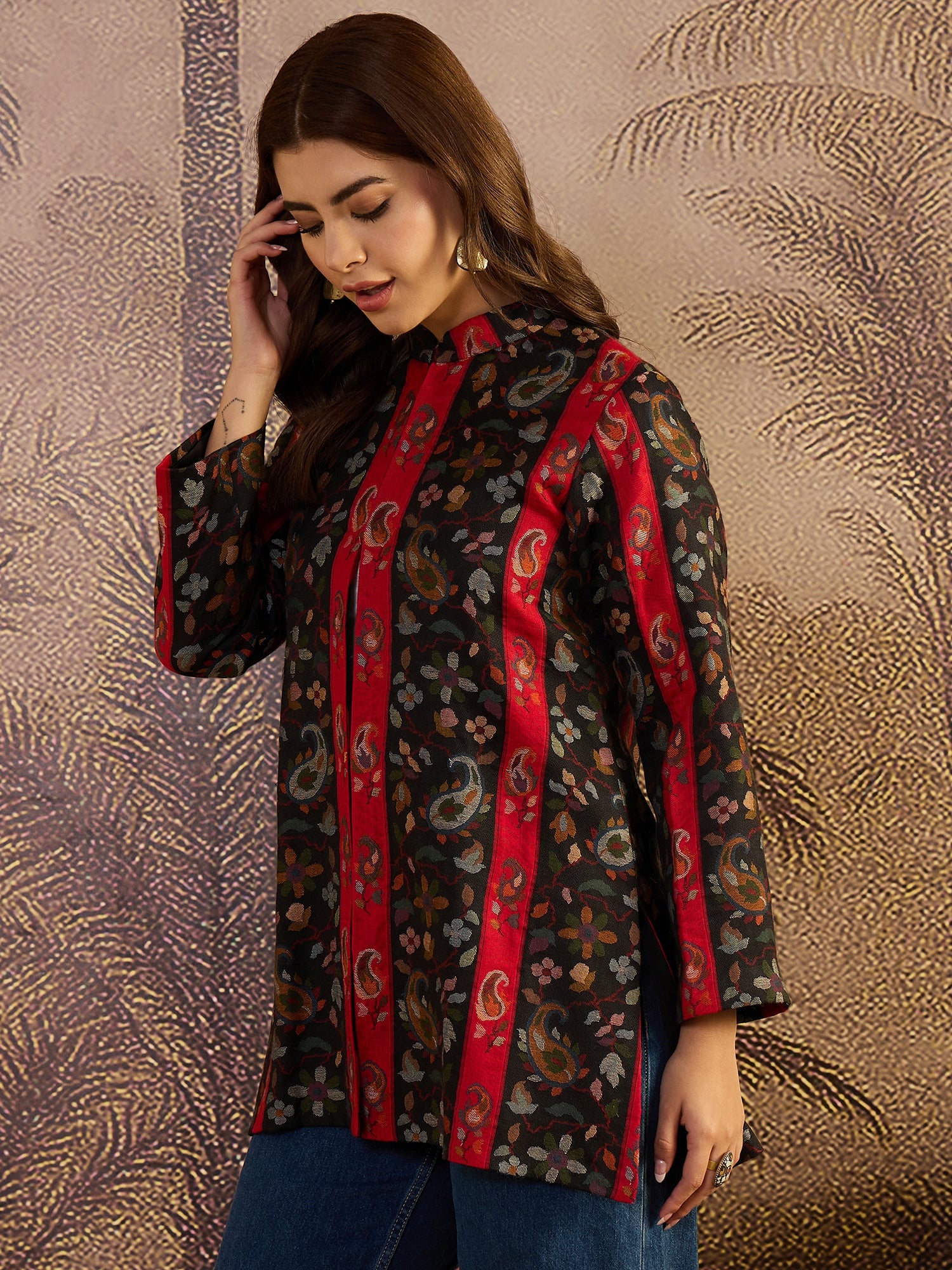 Black Paisley & Floral Woven Woollen Mandarin Collar Jacket