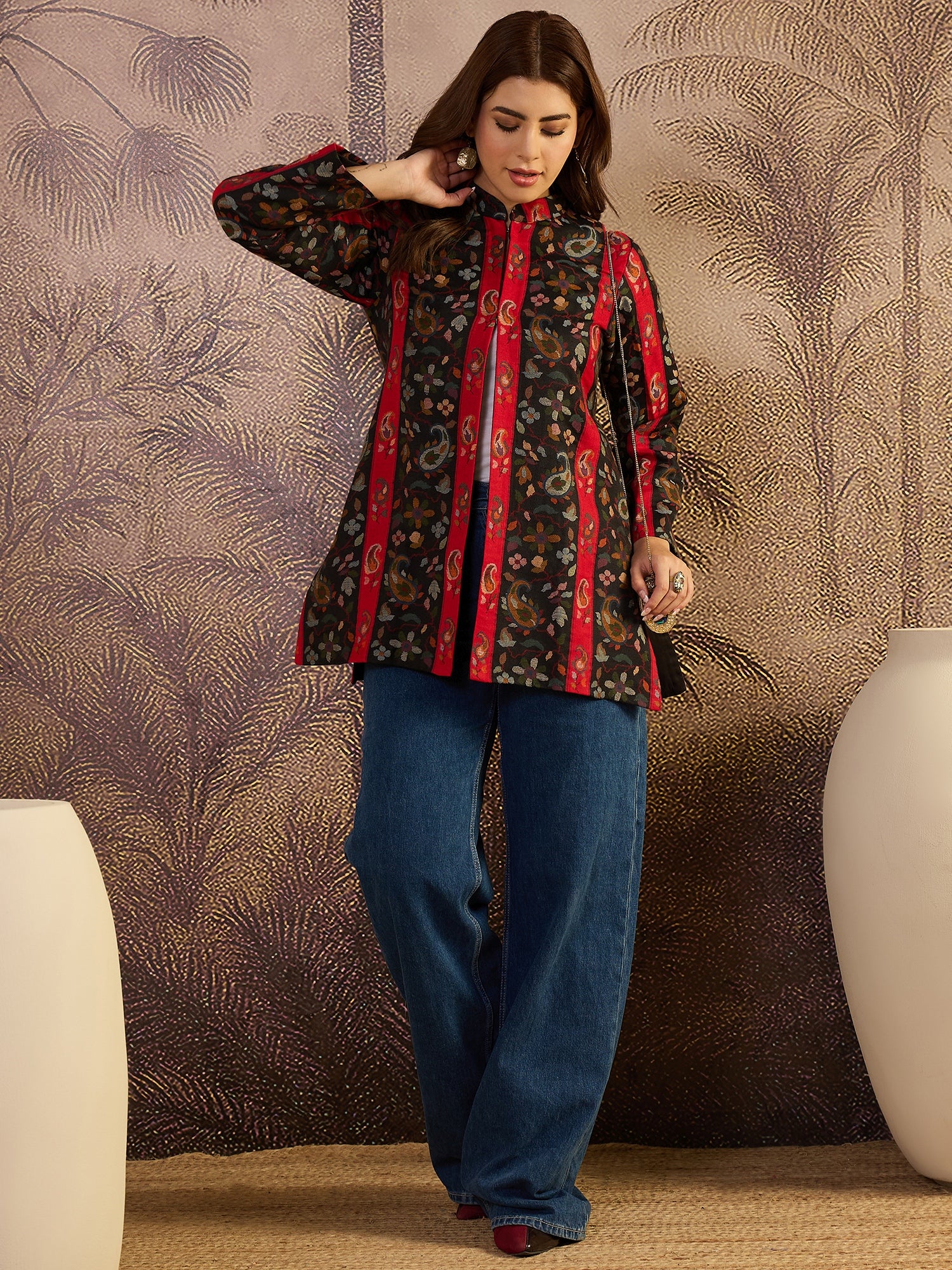Black Paisley & Floral Woven Woollen Mandarin Collar Jacket