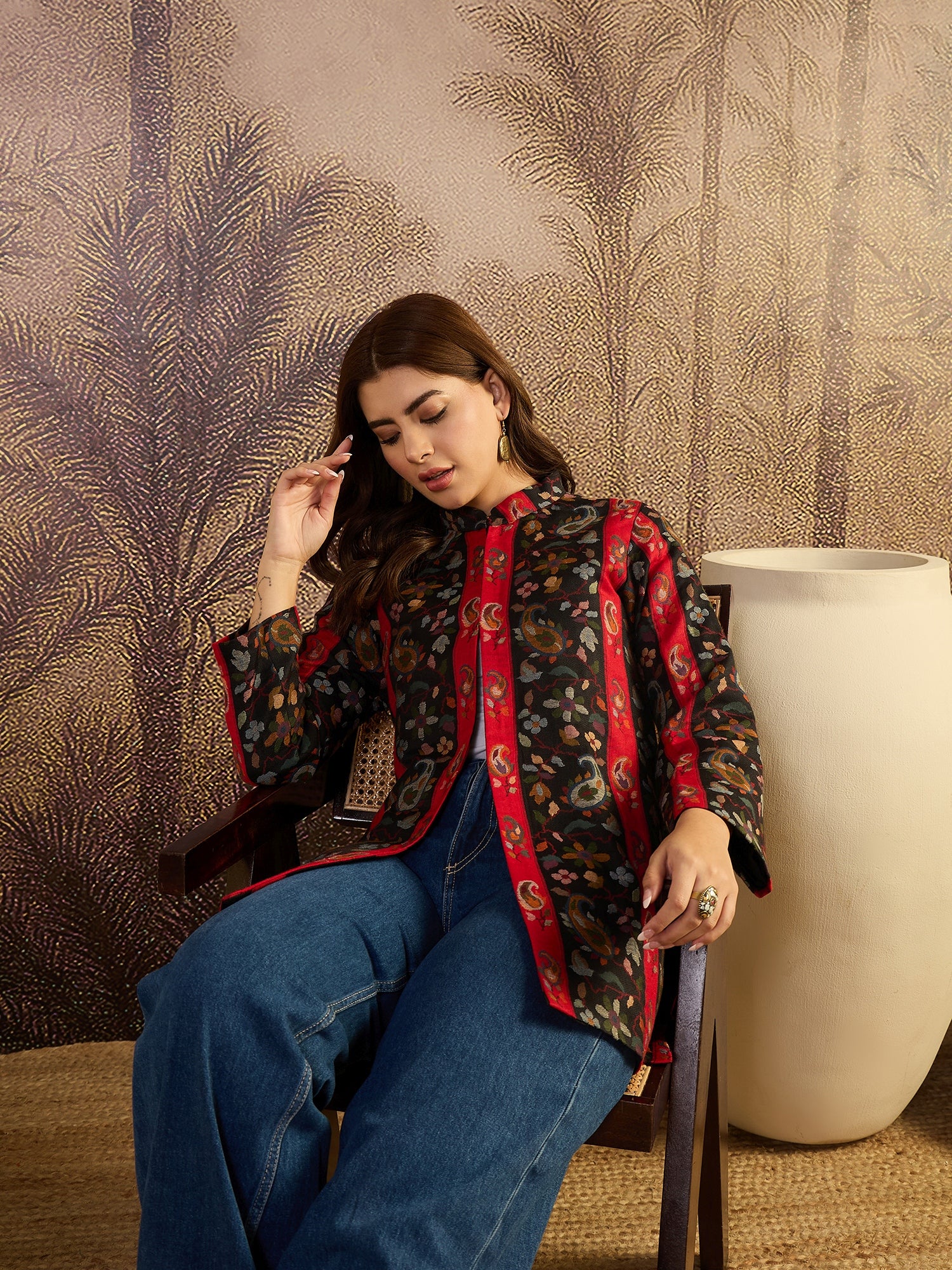 Black Paisley & Floral Woven Woollen Mandarin Collar Jacket