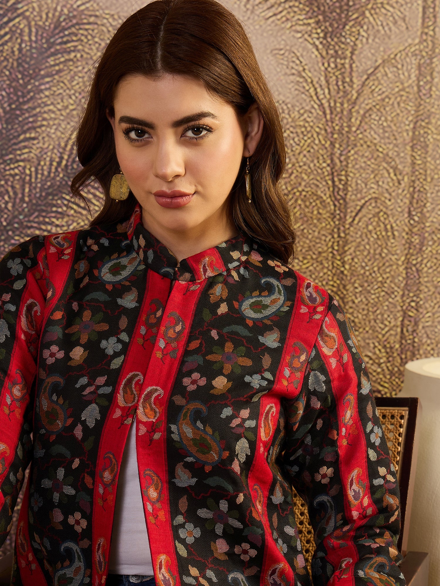Black Paisley & Floral Woven Woollen Mandarin Collar Jacket