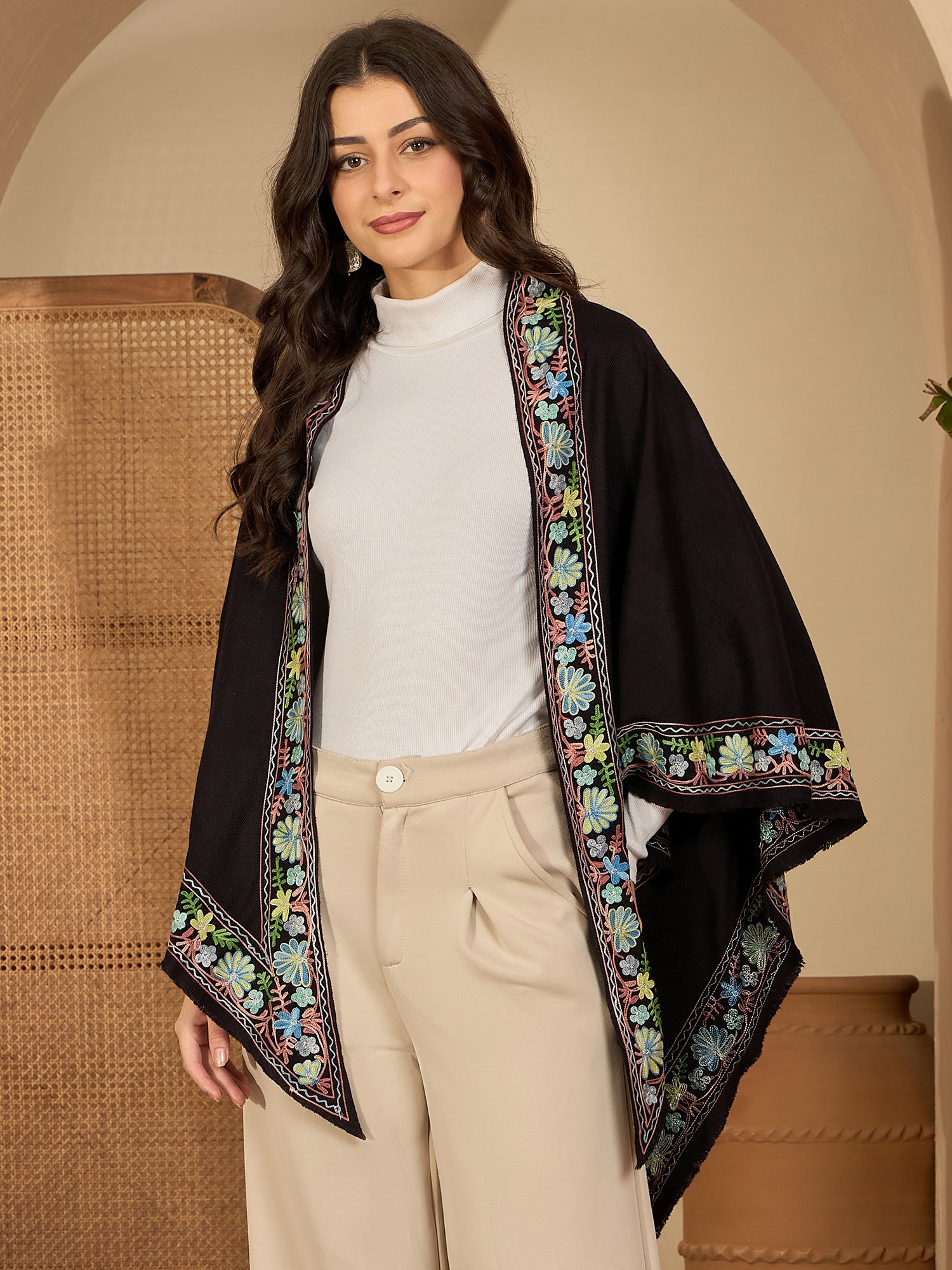 Women Floral Aari Embroidered Flared Sleeves Kashmiri Top
