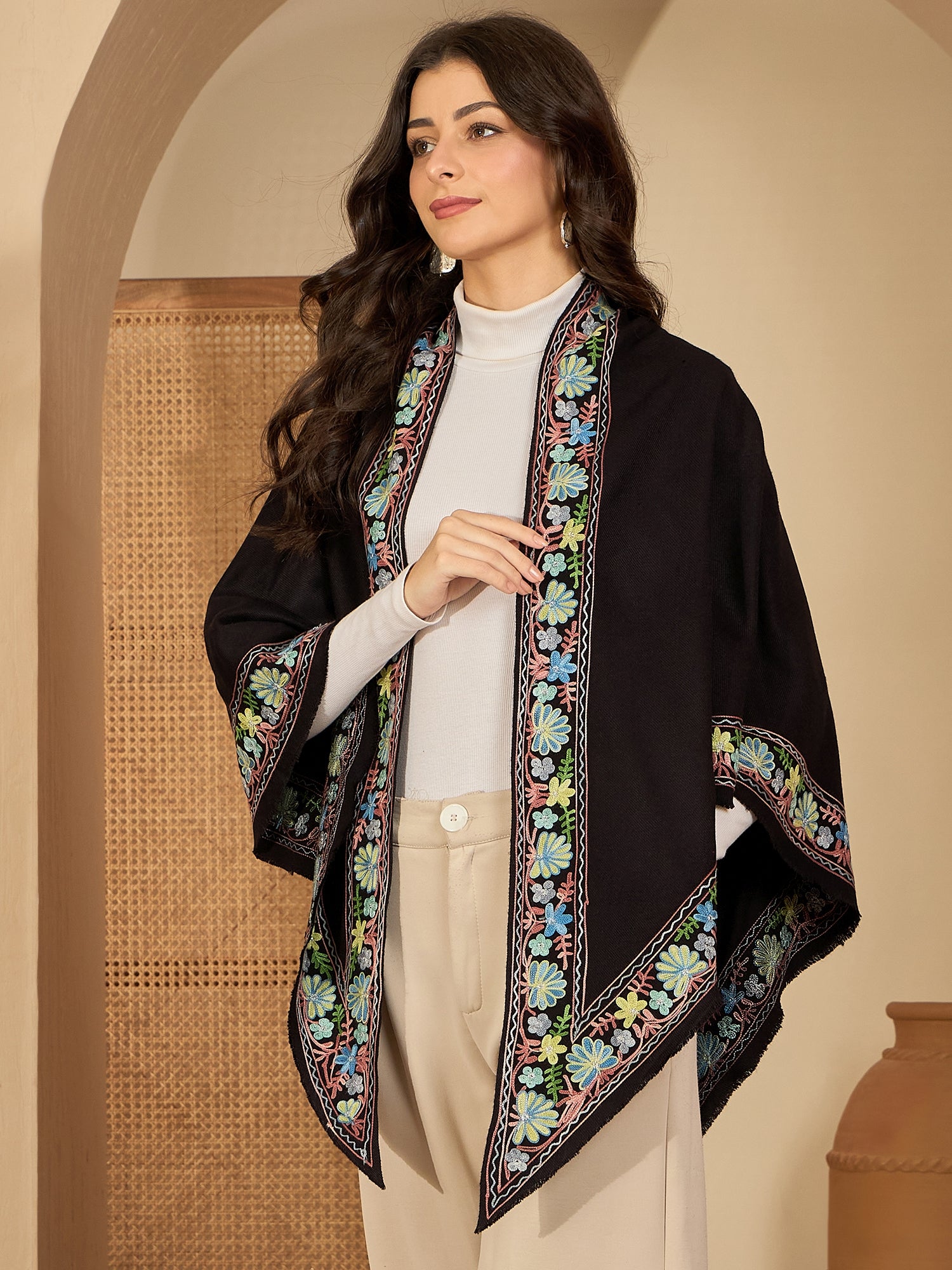 Women Floral Aari Embroidered Flared Sleeves Kashmiri Top