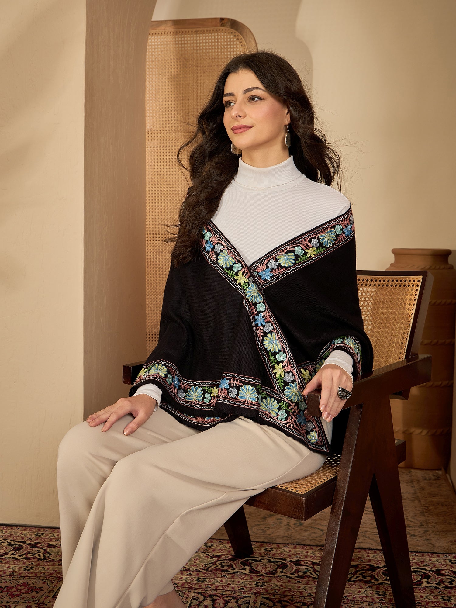 Women Floral Aari Embroidered Flared Sleeves Kashmiri Top
