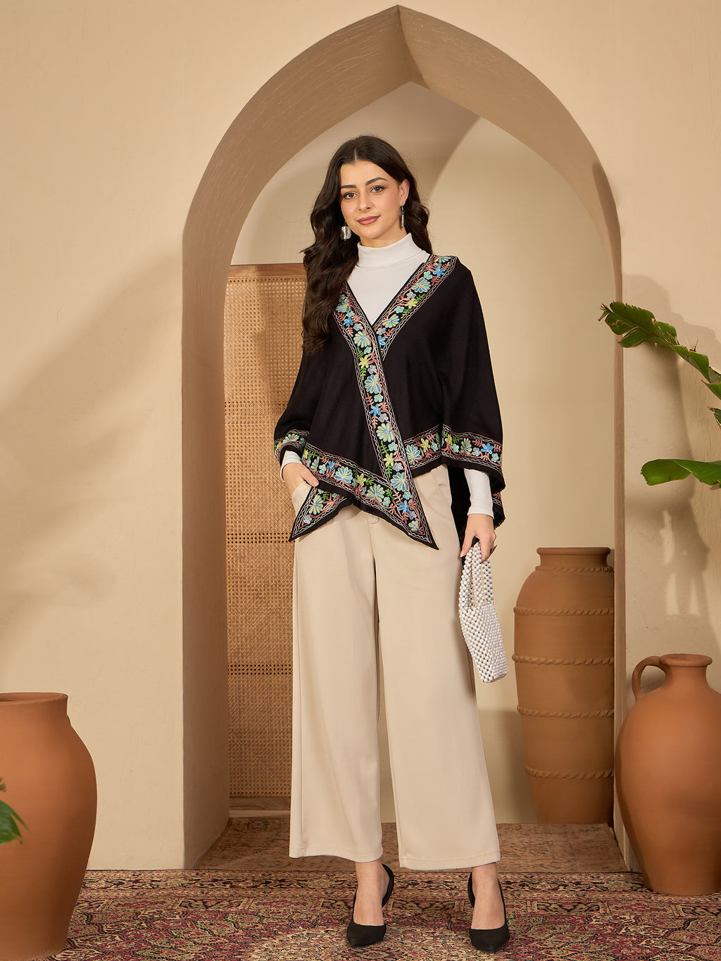 Women Floral Aari Embroidered Flared Sleeves Kashmiri Top
