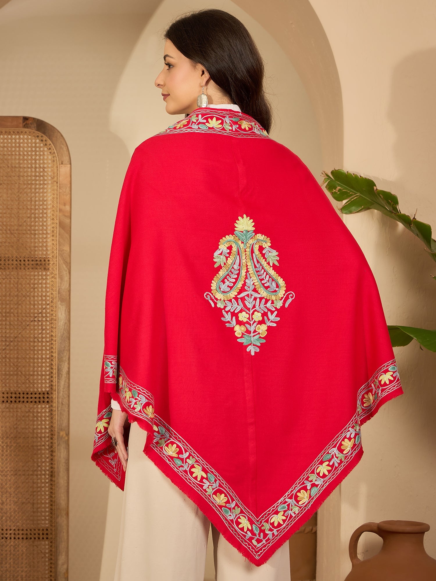 Women Red Floral Aari Embroidered Kashmiri Pheran Top