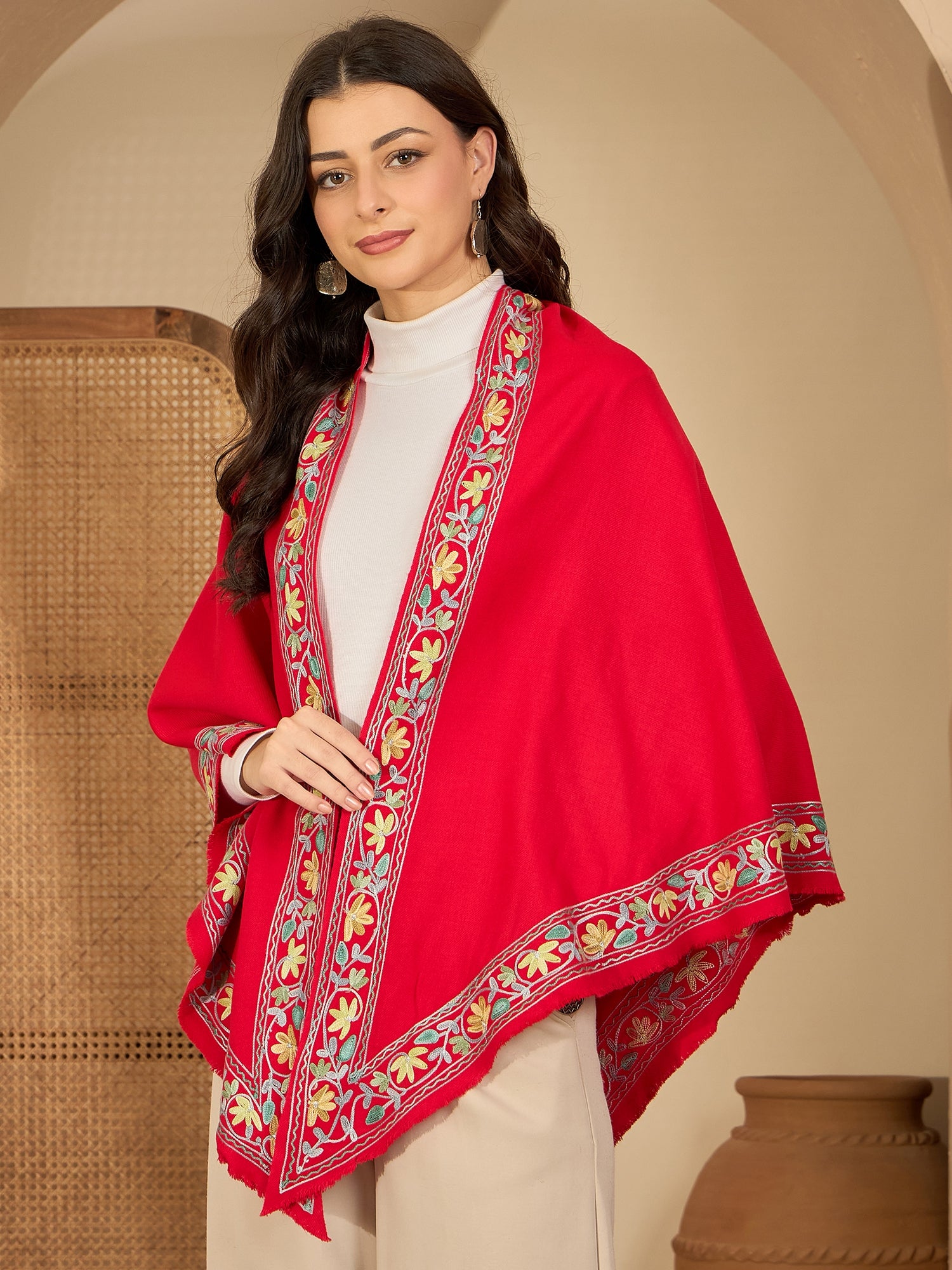 Women Red Floral Aari Embroidered Kashmiri Pheran Top