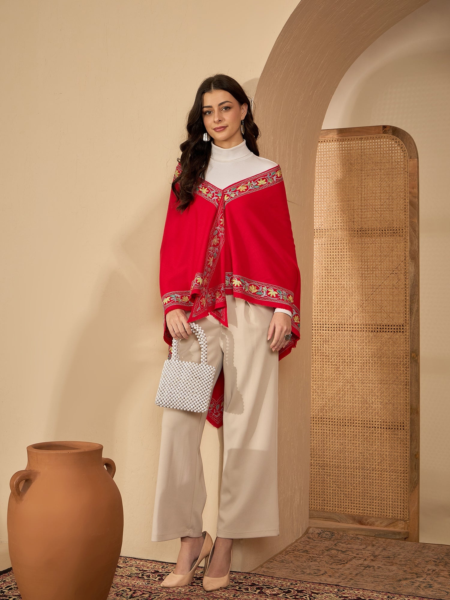 Women Red Floral Aari Embroidered Kashmiri Pheran Top