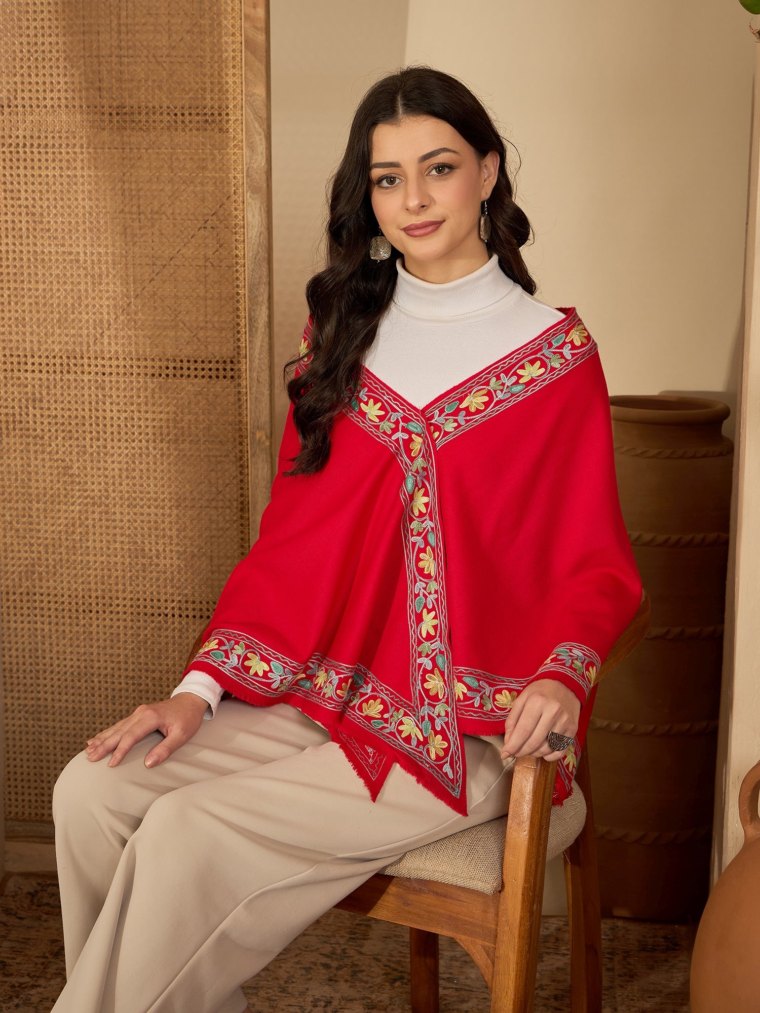 Women Red Floral Aari Embroidered Kashmiri Pheran Top