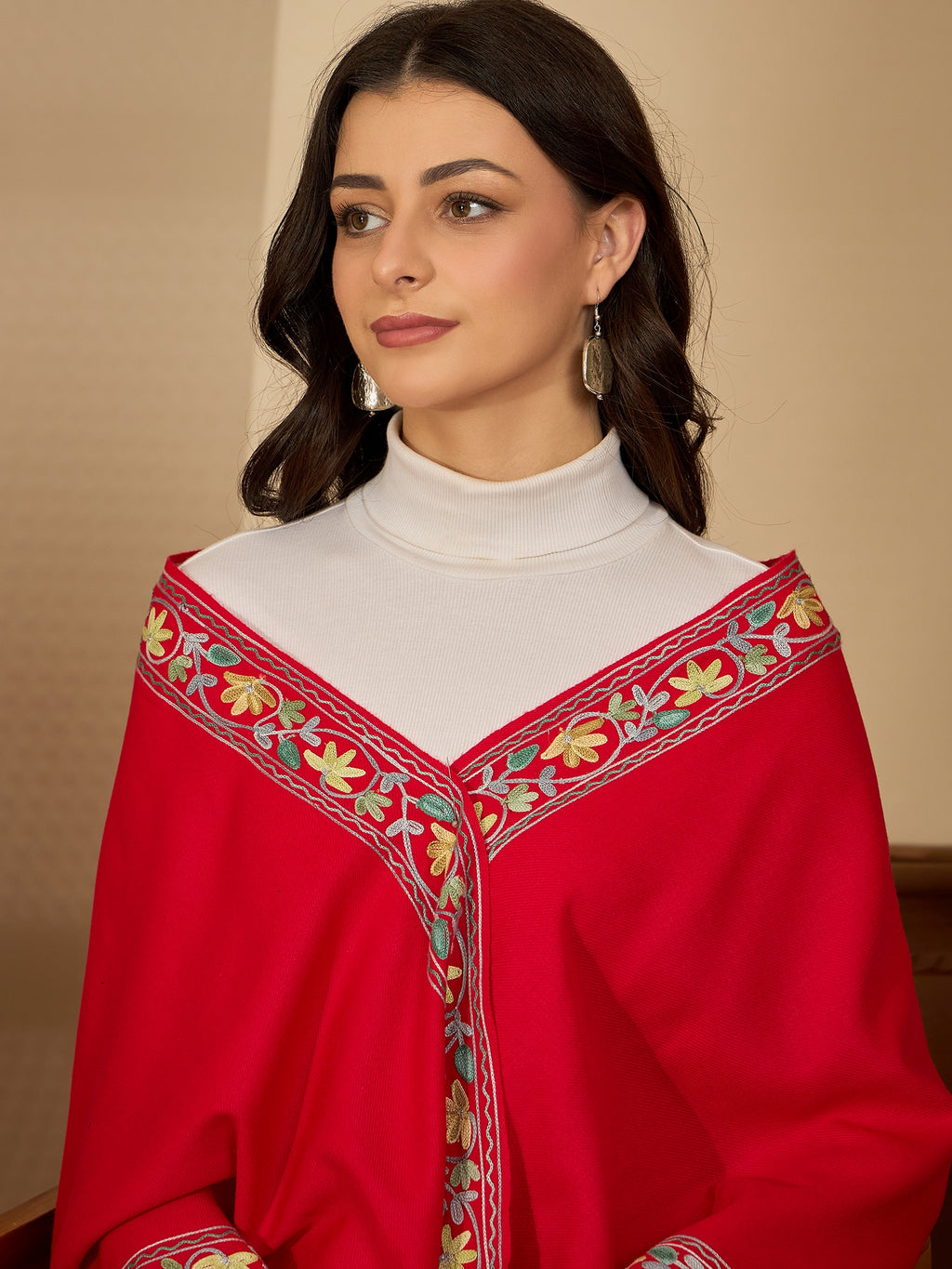 Women Red Floral Aari Embroidered Kashmiri Pheran Top
