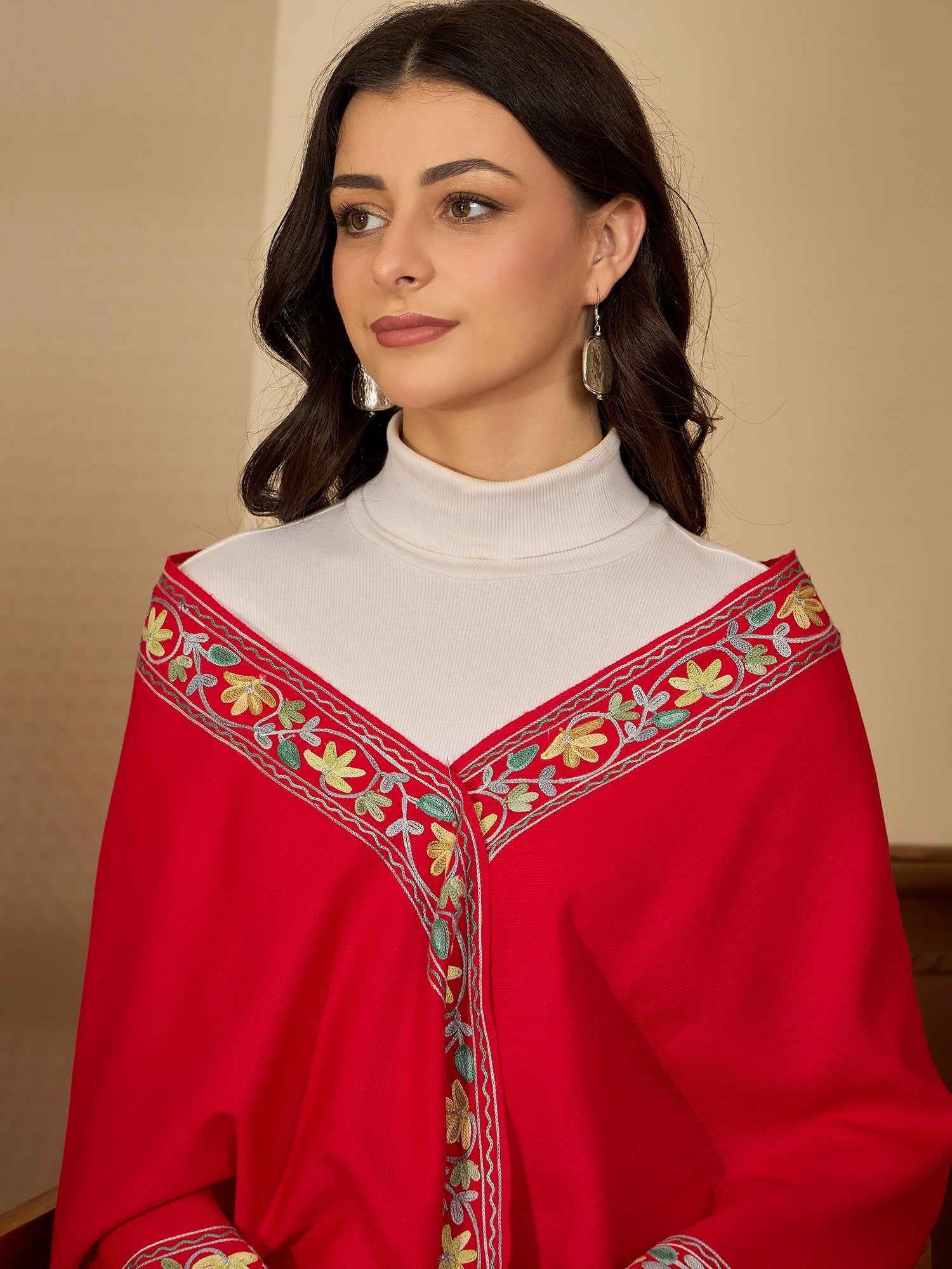 Women Red Floral Aari Embroidered Kashmiri Pheran Top